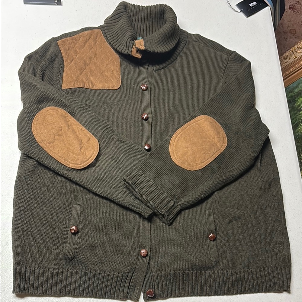 Ralph Lauren Men's Olive Green Sweater with Tan Accents